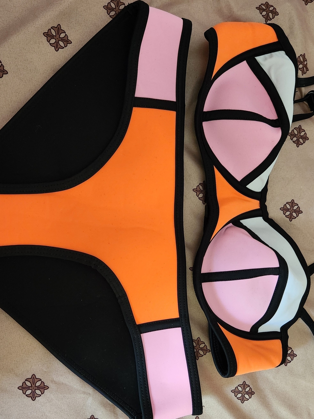 Neoprene Colorblock Bikini Set - Pink & Orange